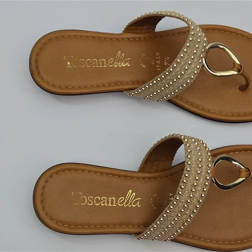 Toscanella Sandal Shoe Thong Flat Women Sz 7.5 Brown Gold Studs Slip-On Woven